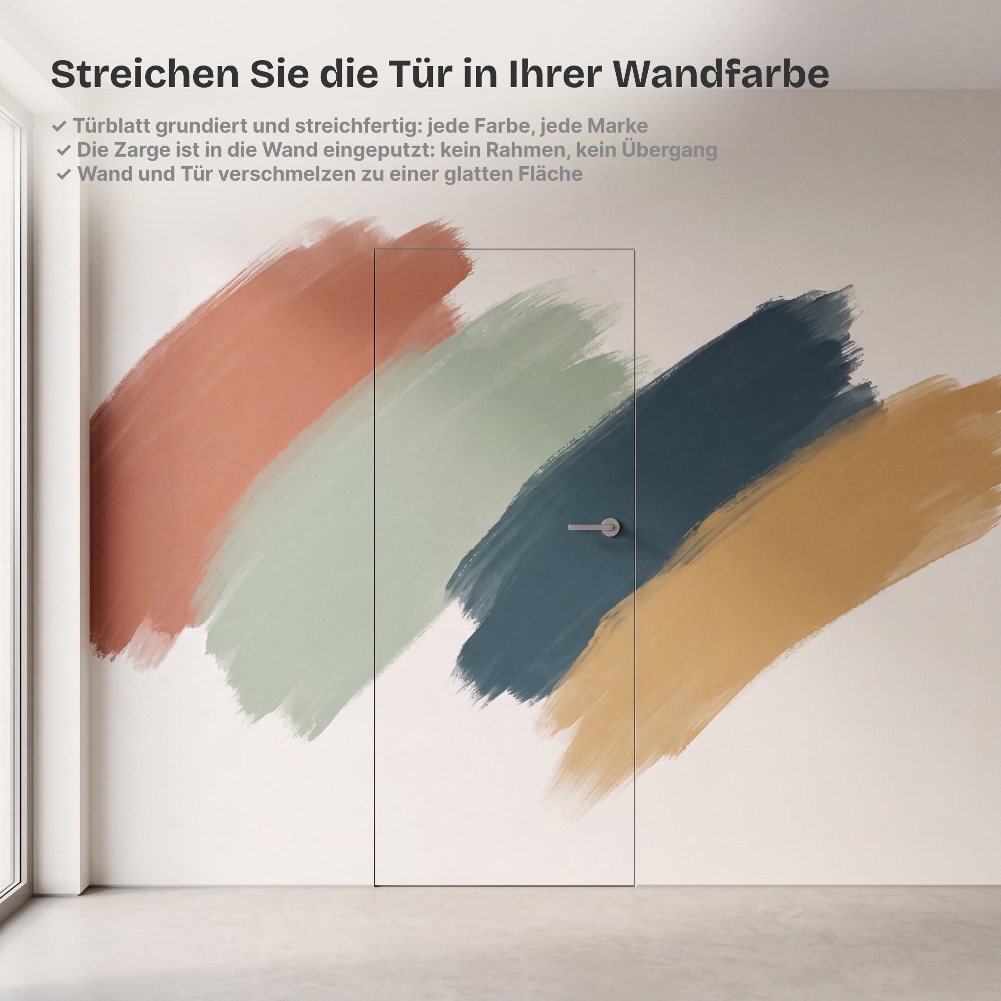 Wandbündige Tür • Budgetfreundlich • weiße Alu-Zarge • 2 Bänder