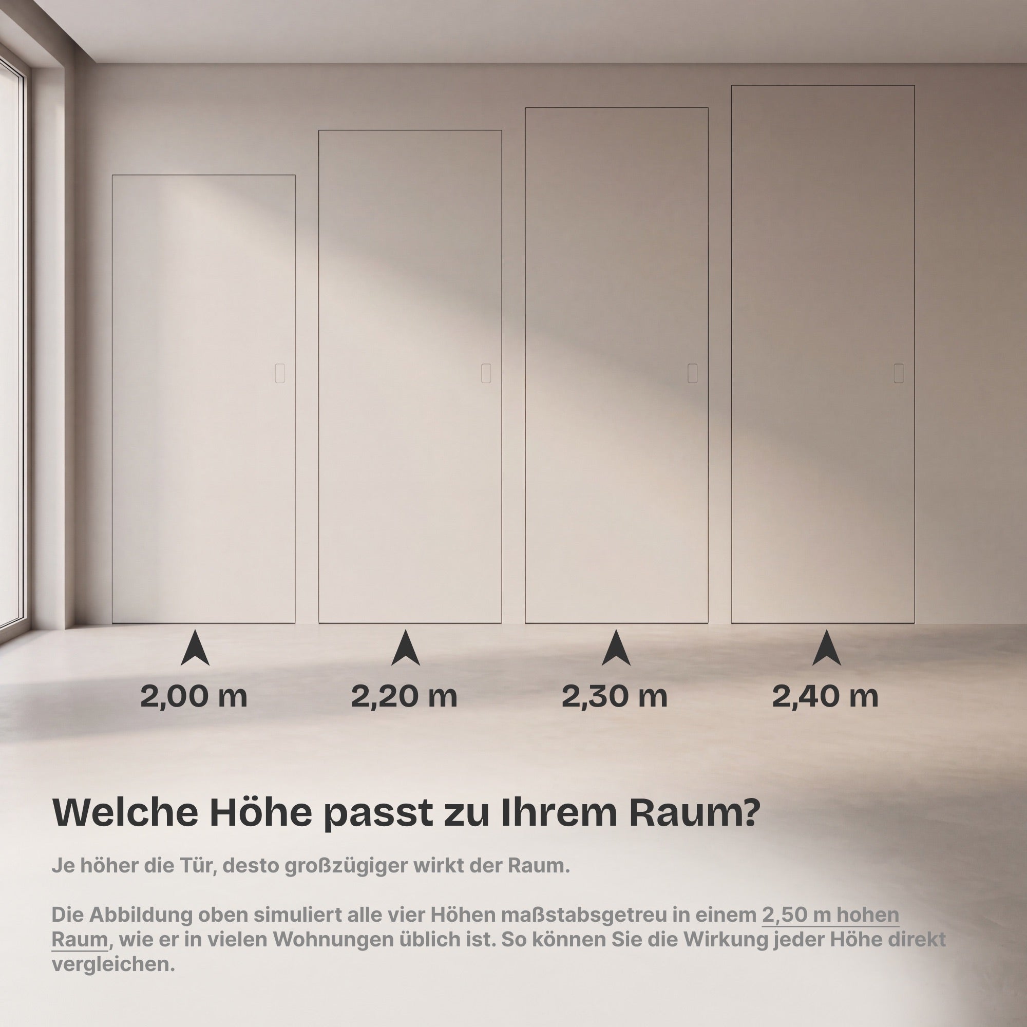 Wandbündige Tür • Flache Designerklinke • Click-to-Open • Beachtliche Höhe 2,20 m • schwarze Alu-Zarge