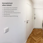 Versteckte Zimmertür • Budgetfreundlich • weiße Alu-Zarge • 2 Bänder