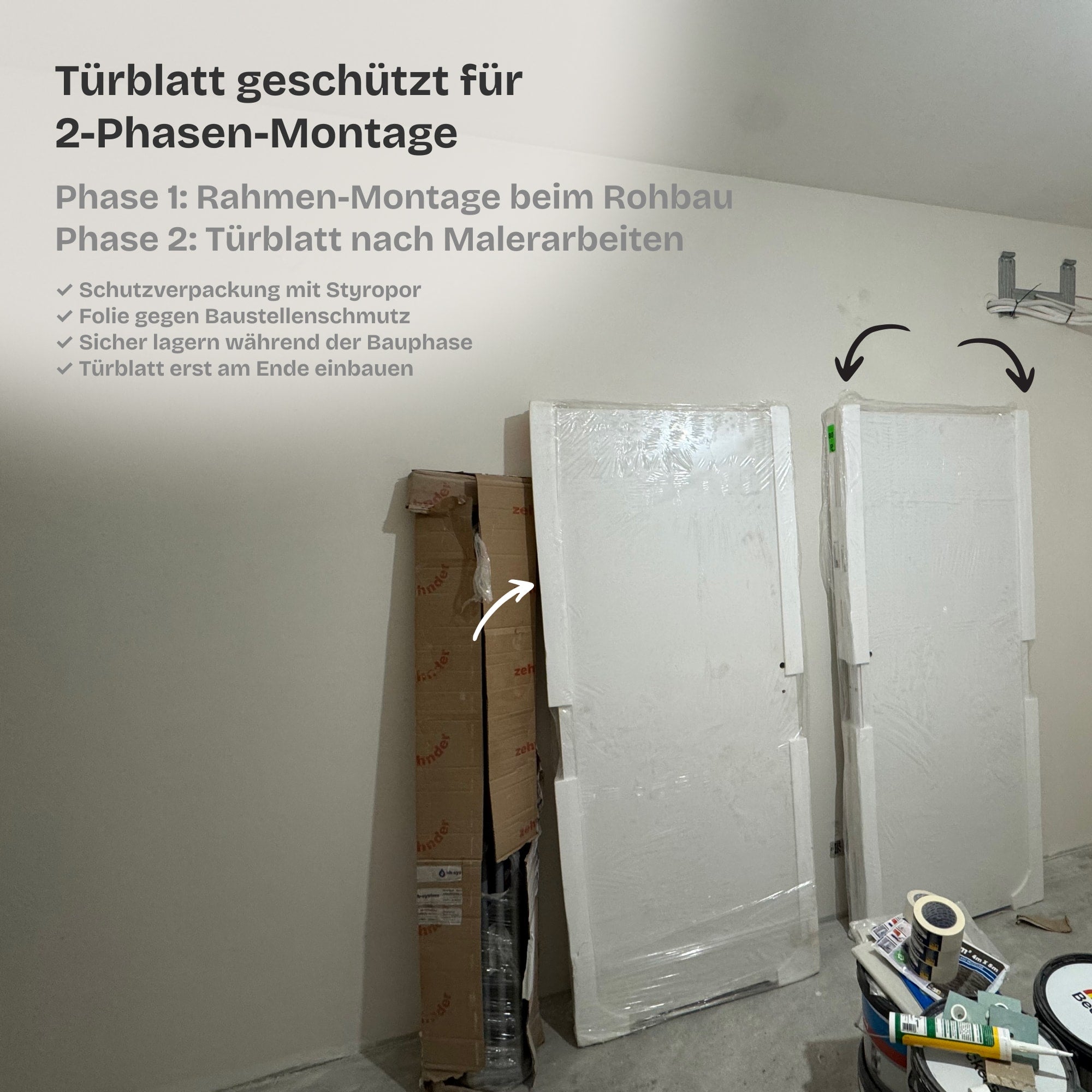 Versteckte Zimmertür • Vollplatte mit Schalldämmung • schwarze Alu-Zarge • 3 Bänder
