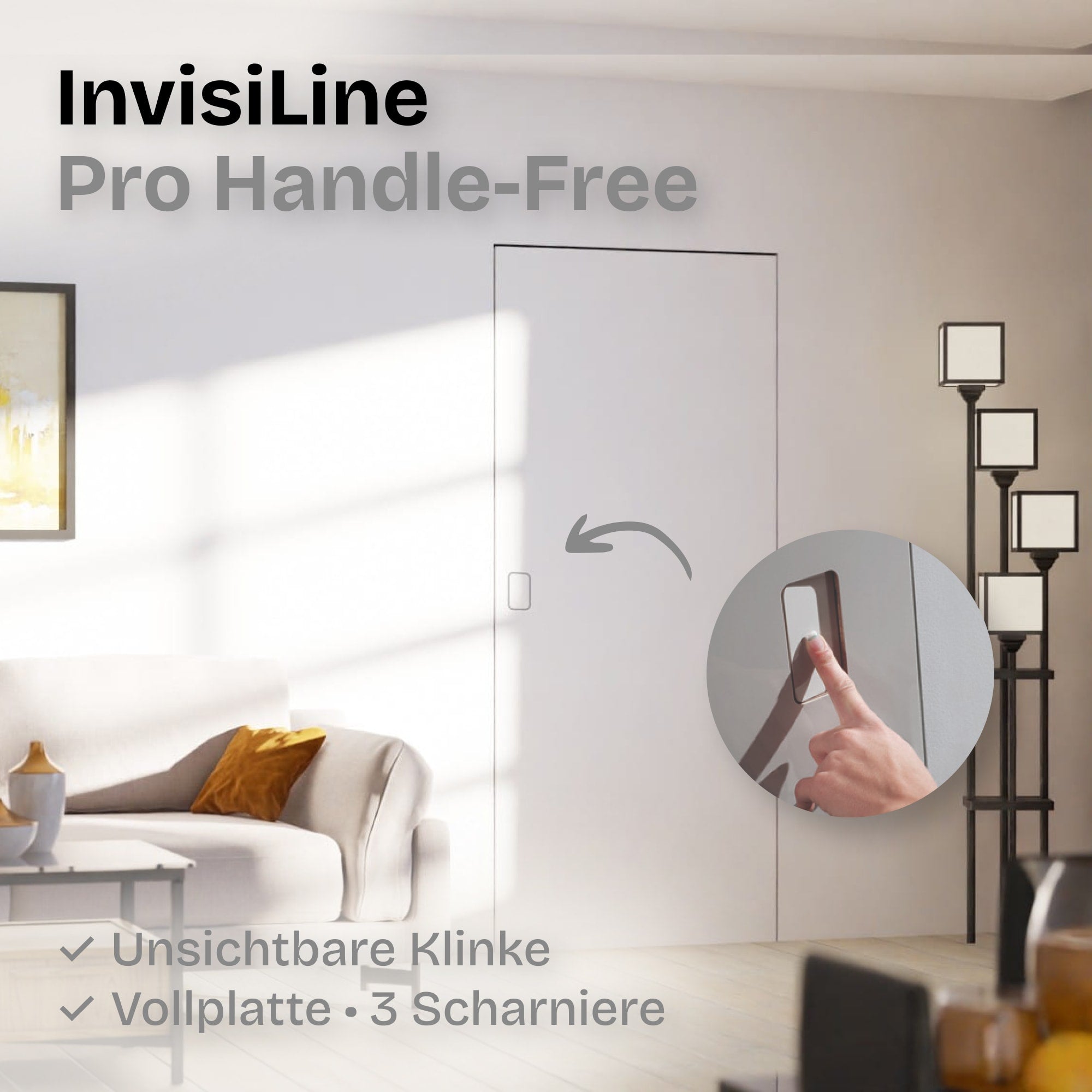 Unsichtbare Klinke Versteckte Zimmertür • kompletter Minimalismus • Vollplatte • inkl. Zarge • 2,0 m • HEYKE InvisiLine Pro Handle-Free