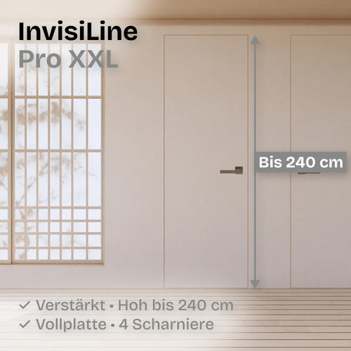 Extrem hoch 2,4 m Versteckte Zimmertür • Verstärkte Vollplatte • 4 Scharniere • inkl. Zarge • HEYKE InvisiLine Pro XXL