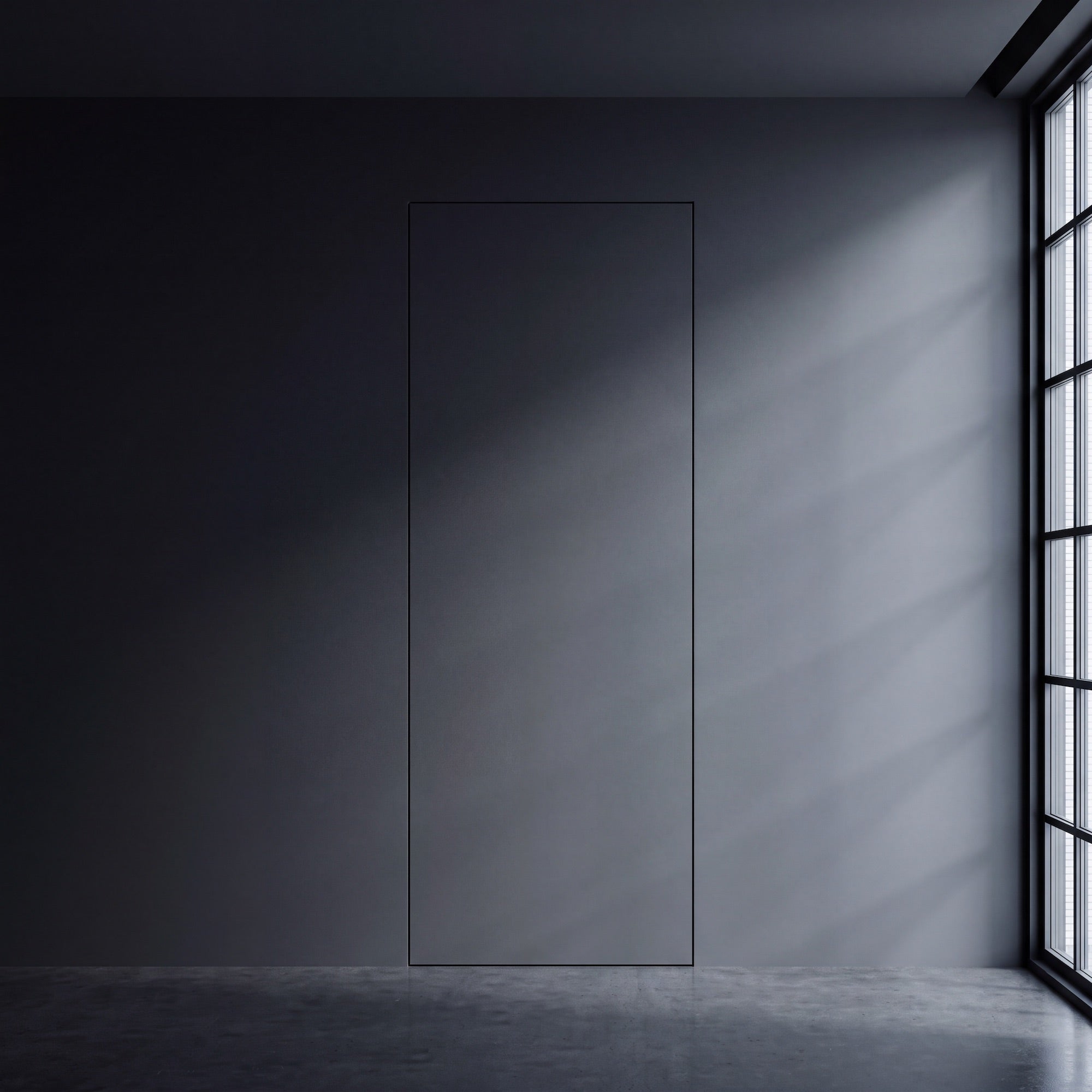 Wandbündige Tür • Innovativ ganz ohne Klinke • Touch-to-Open • Beachtliche Höhe 2,20 m • schwarze Alu-Zarge